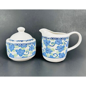 Pfaltzgraff Blue Isle Creamer & Sugar Bowl w/Lid Blue & Green Leaves Retired VTG
